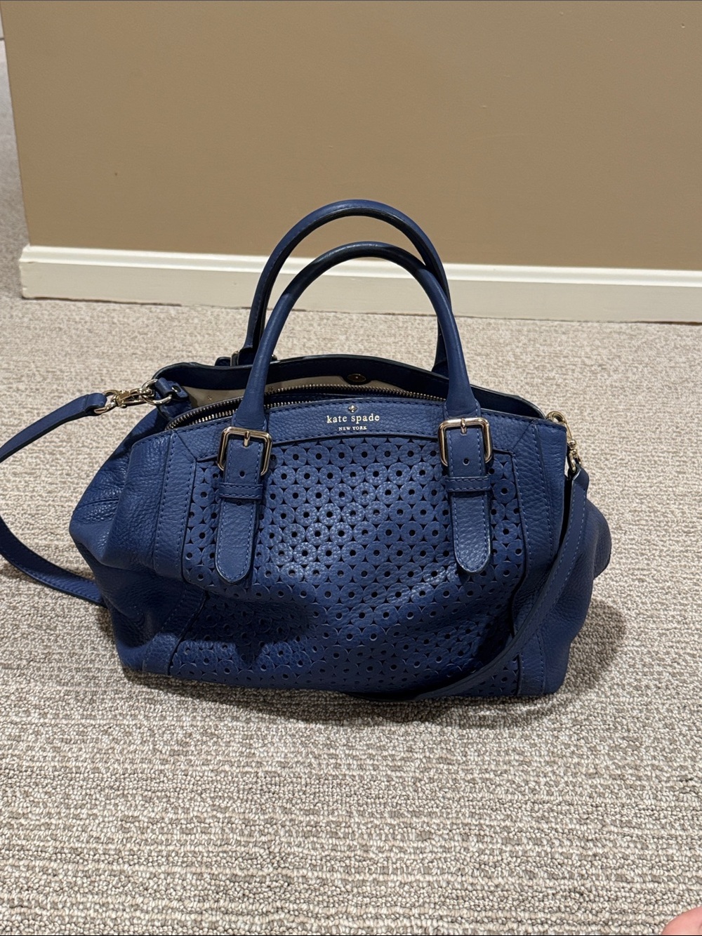 kate spade navy perforated leather satchel with gold-tone hardware